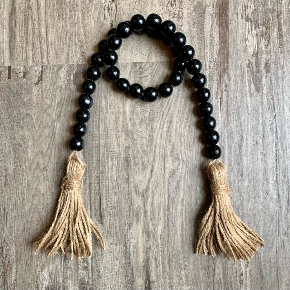 Black Wood Bead Garland 28” Jute Twine Tassels Wooden Beads Boho Farmhouse Decor